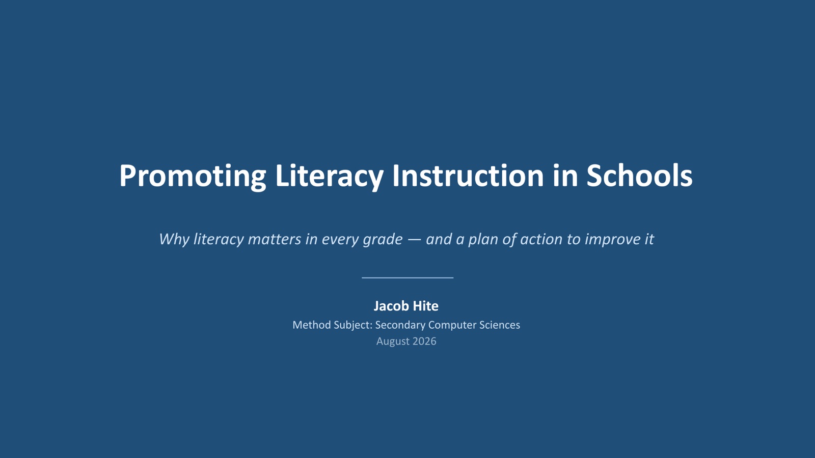 Slide 1 of 12. Title slide: Promoting Literacy Instruction in Schools. Why literacy matters in every grade, and a plan of action to improve it.