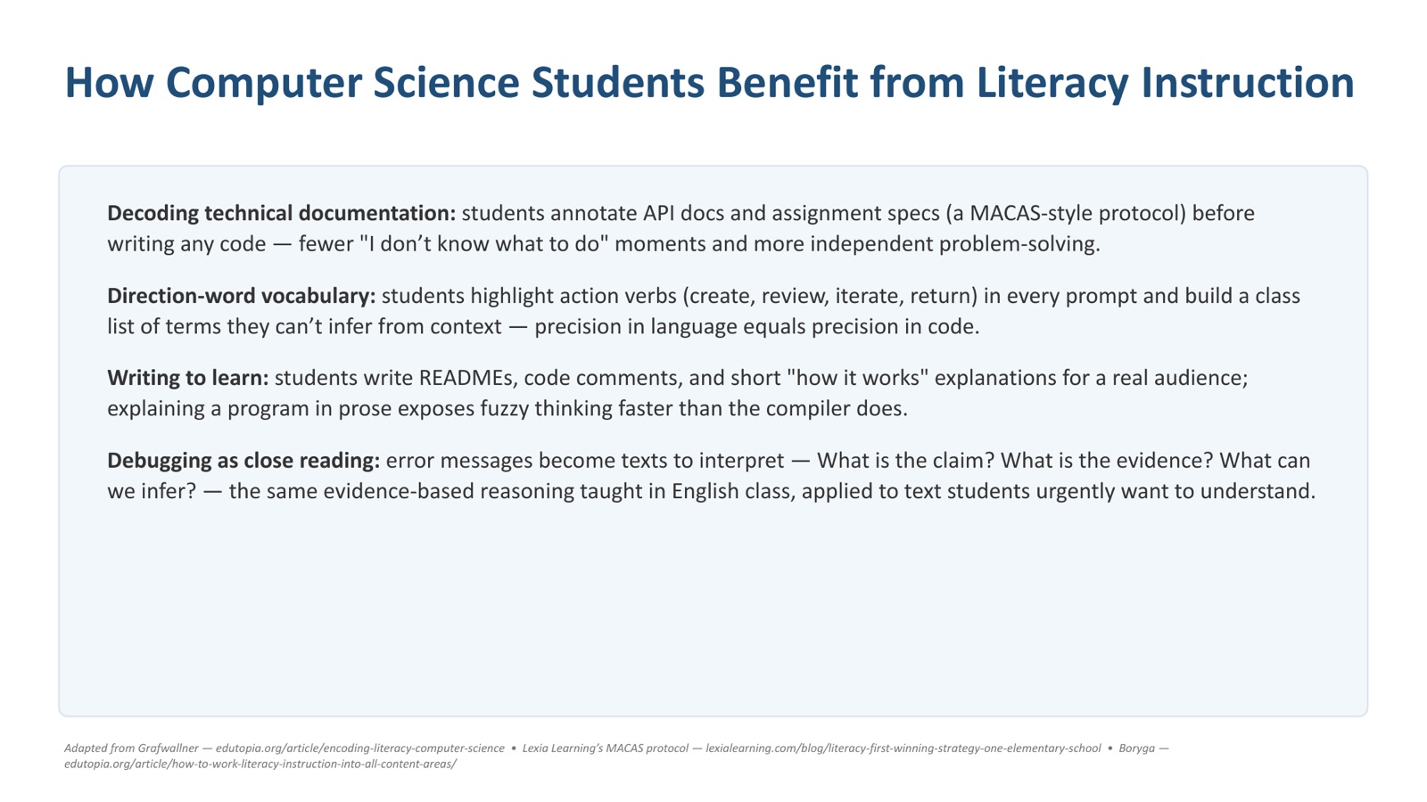 Slide 5 of 12. How computer science students benefit from literacy instruction: decoding documentation, direction-word vocabulary, writing to learn, and debugging as close reading.