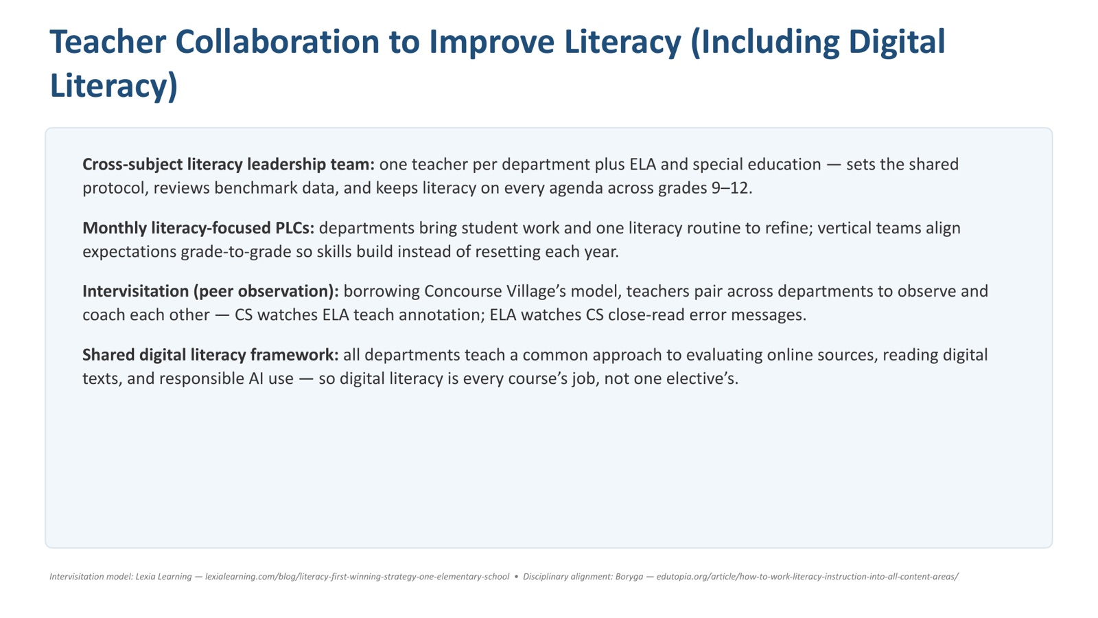 Slide 10 of 12. Teacher collaboration to improve literacy: a cross-subject leadership team, monthly literacy-focused PLCs, intervisitation, and a shared digital literacy framework.